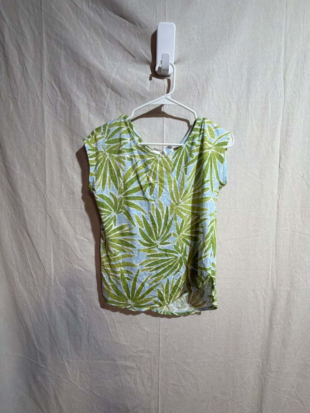 Sigrid Olsen 100% Linen Watercolor Palm Leaf Print Short Sleeve Top